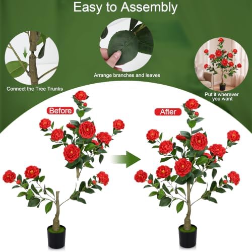 2 Pack 3FT Artificial Camellia Trees with Red Flower for Outdoor - Image 2