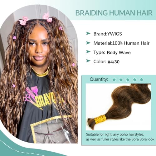 YWIGS Body Wave Bulk Human Braiding Hair for Boho Braids 50G #4/30 18inch - Image 4