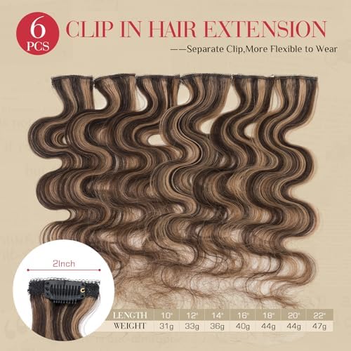 Rich Choices Clip In Hair Extension Real Human Hair-Wave/Curly 6 Pcs Single Clip Hairs Extension for Women-Invisible Mini Clips in Hairpieces-18 Inch #2RP6 Chocolate Brown Highlight Light Brown - Image 2
