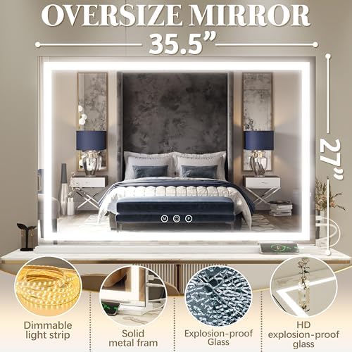 FENNIO Large Vanity Mirror with Lights，35.5" x 27" LED Makeup Mirror，Hollywood Mirror with 3 Color Modes & Adjustable Brightness，Vanity Mirror Square White - Image 5