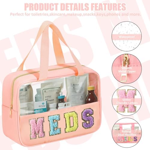BuyCard Chenille Letter Bag Clear Meds Bag Preppy Makeup Bag Medicine Bags for Travel Zipper Pouch with Handle Nylon & PVC Waterproof Portable Cosmetic Bag Toiletry Organizer for Women Girls Pink - Image 3