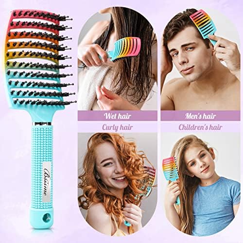 Boar Bristle Hair Brush, Curved Vented Detangler Brush Faster Blow Drying, Paddle Detangling Brush for Women Men Kids Wet Dry Long Curly Thick Straight Hair, Make Hair Shiny and Healthier(Green+Blue) - Image 4