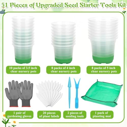 Caffox 51PCS Reusable Seed Starter Kit Includes 26 Packs 3 Sizes Clear Nursery Pots with Silicone Base, Repotting Mat, Gardening Gloves, Plant Labels and Seedling Tools for Easy Transplant - Image 2