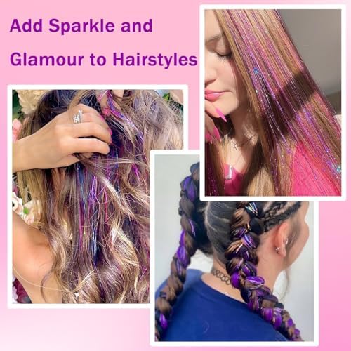 NIACONN Glitter Hair Tinsel Extensions Kit Purple with Tools and Beads, 48 Inch Sparkly Fairy Colorful Tensile Strands Shiny Hair Accessories for Women Girls Kids - Image 4