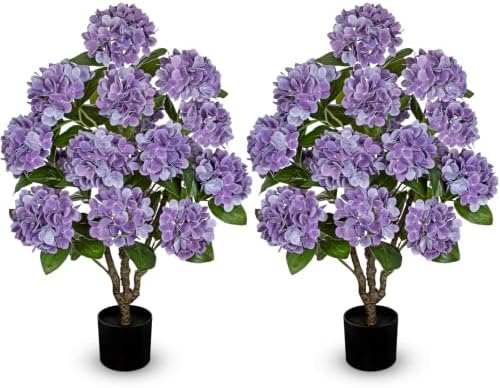 3FT Purple Hydrangea Artificial Flowers Tree 2 Pack Faux Hydrangea Potted by Hollyone
