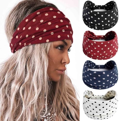 Olbye Wide Boho Headbands Floral Stretch Head Wraps Turban Knotted Yoga Hairbands Workout Hair Accessories for Women 4Pcs (Polka Dot, 9.4 * 5.9'') by Olbye