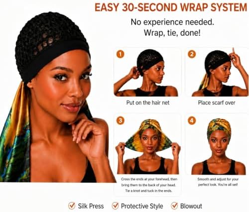 2 in 1 Wrap Cap Hair Net and Scarf for Silk Press, Satin Wrap Cap Bonnet for Women, Adjustable Stay-On Sleep Hair Net Scarf for All Hair Types - Image 6
