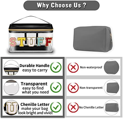 Chenille Letter Clear Makeup Bags Stuff Pouch, Preppy Patch Makeup Bag Zipper with Handle, Transparent PVC & Nylon Waterproof Glitter Cosmetic Handbag Travel Toiletry Storage for Women(STUFF-Black) - Image 4