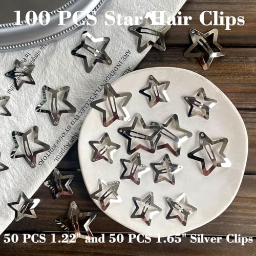 100 PCS Stars Hair Clips,50PCS 1.22"Clip and 50 PCS 1.65"Clips Snap Star Hair Accessories Non Slip Star Clips for Girls Women Y2K Accessories Silver Metal Hair Clips - Image 5