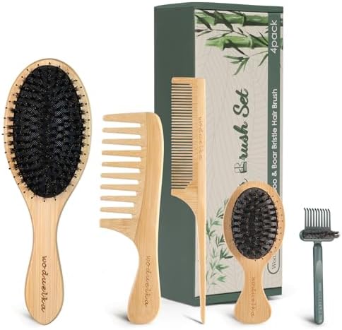 Boar Bristle Hair Brush Set, Bamboo Comb Set for Hair Growth by Woduelka
