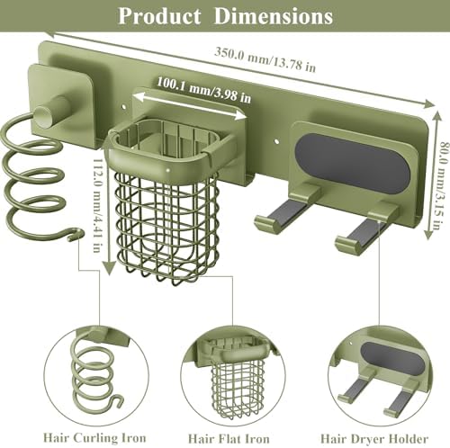 Tindbea Upgraded Aluminum Alloy Hair Dryer Holder Wall Mounted with Built-in Cord Wrap,3-in-1 Hair Tool Organizer for Blow Dryer, curling iron, and straightener, Green - Image 3