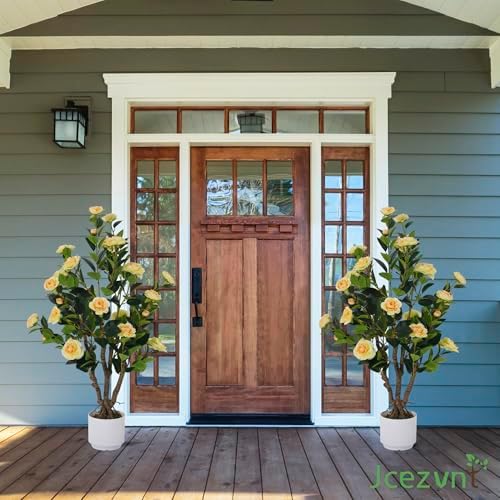 2 Pack Artificial Camellia Tree with White Pot, 38" Faux Potted Plants for Indoor Outdoor Decor, Tall Silk Greenery Plant for Home Offce Living Room Balcony, Yellow - Image 4