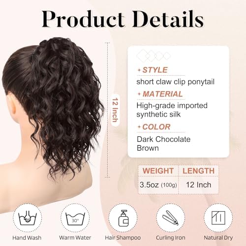 Flufymooz Ponytail Extension, 12" Short Claw Ponytail Extension Wavy Curly Jaw Clip in Pony tails Hair Extension Natural Synthetic Hairpiece for Women (Dark Chocolate Brown) - Image 3