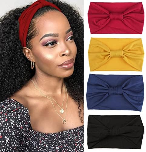 XTREND 4 Packs Wide Headband Fashion Headscarf Bohemian Style Elastic Knotted Non-slip Headbands Suitable For Black Women Wigs Outdoor Yoga Sports Simple Pure Color Hair Female Hair Ornament Headband by XTREND