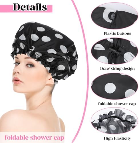 2 Pcs Large Shower Cap for Braids, Extra Long Shower Cap for Women Long Hair & Locs, Waterproof Hair Bonnets for Dreadlocks Drawstring Bath Caps for Women & Men (Polka Dots, Black) - Image 3