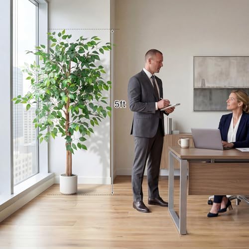 Artificial Ficus Tree 5FT Tall, Faux Ficus Tree Indoor Outdoor, Fake Silk Ficus Plant with Planter, Lifelike Leaves Large Potted Floor Tree for Home Office Living Room Porch Decor - Image 2