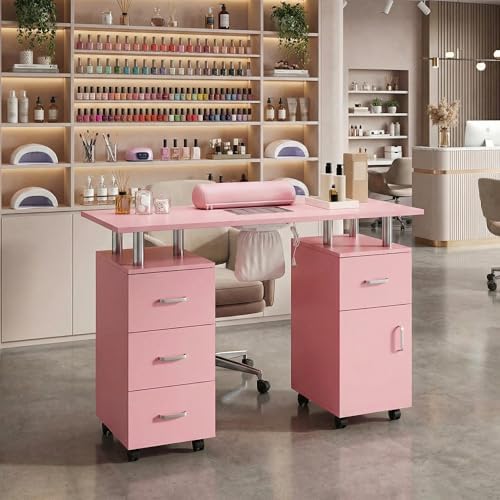Manicure Table Nail Desk, Nail Station with Electric Dust Collector, Wrist Rest and Storage Drawers Cabinet, Beauty Salon Workstation for Nail Tech, Pink by Unknown