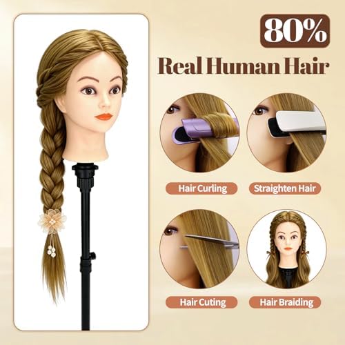26"-28" Mannequin Head with 80% Real Hair – Cosmetology Training Head for Hair Braiding, Styling & Makeup Practice – Doll Head with Clamp - Image 3
