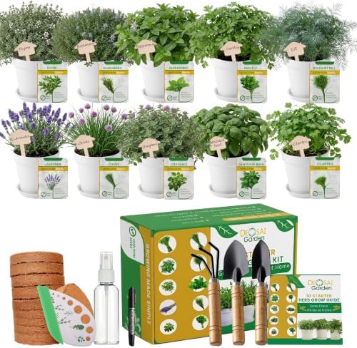 47 PCS Herb Garden Seeds Starter Kit, 10 Non-GMO Culinary Herb Seeds with White Pots & Planters for Windowsill, Herb Growing Kit Indoor & Outdoor, Unique Herb Garden Gift Set for Gardening Lovers by DESAIGarden