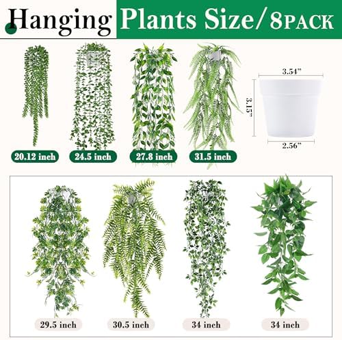 Der Rose 8Pcs Fake Hanging Plants with White Pots for Fuller Shelf Decor - Image 3