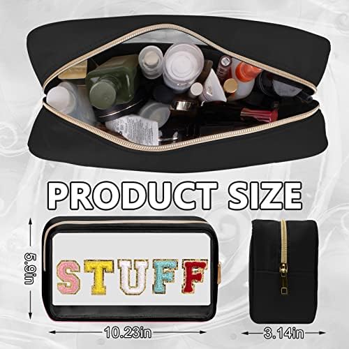 Iqimott Clear Patch Makeup Bag Stuff Pouch, Preppy Personalized Chenille Letter Cosmetic Pouch for Travel, Nylon Waterproof Organizer Travel Essentials Zipper Toiletry Bags for Women Girls(Black) - Image 2
