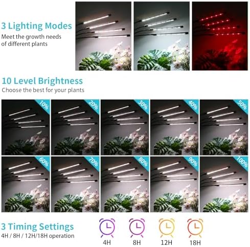 Hywyimlait Black Clip Grow Lights for Indoor Plants, 168 Full Spectrum LEDs Clip Plant Growing Lamps with Flexible Gooseneck and 4/8/12/18H Timer, 3 Spectral Modes, 10 Dimmable Levels (4 Head 1 Pack) - Image 4