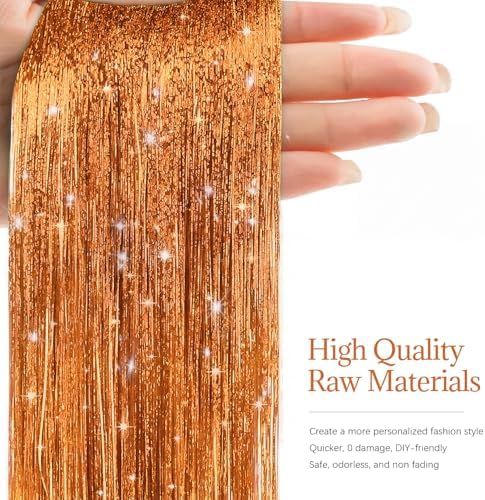 Hair Tinsel 8 Packs 1600 Strands 50 Inch Tinsel Hair Extensions Heat Resistant Glitter Sparkling Shinny Fairy Hair Accessories for Women(Copper, 50Inch) - Image 3
