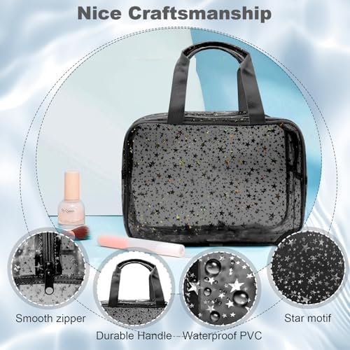 Clear Black Star Large Makeup Bag with Star Pattern 12x5x8 inch, Travel Cosmetic Bag with Handle, Durable PVC Material Washbag Zipper Opening Design for Makeup Travel Organizer or Gym Use - Image 3