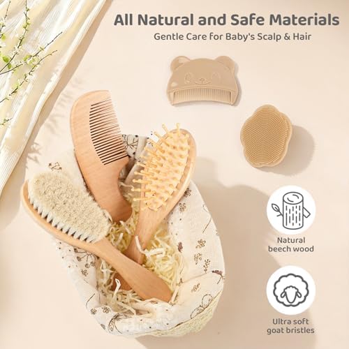 5 Piece Baby Hair Brush Set, Wooden Baby Brush and Comb Set with Natural Soft Goat Hair Bristles, Cradle Cap Brush, Baby Essentials Grooming Kit for Boy Girl - Image 6