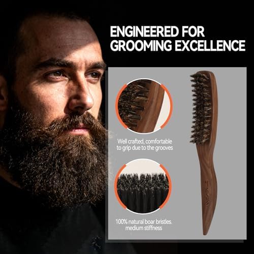 Men's Beard Brush, Walnut Wooden Handle, for Thick & Thin Hair, Slick Back - Image 3