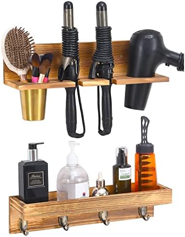 UPTRUST Wall Mount Hair Tool Organizer, Set of 2 Layer Rustic Wooden Dryer Holder Rack, Product Organizer Tray for Dryer with 4 Hooks by UPTRUST