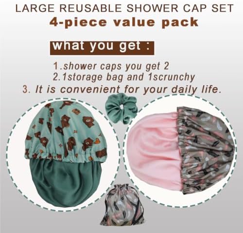 Genergy 2Pcs Satin Lined Large Shower Cap for Women Set with Bag & Scrunchy - Image 5