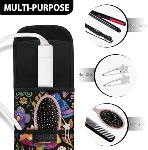 ZOUTAIRONG Curling Iron Bag for Traveling Curling Iron Holder with Tow Pocket Curling Iron Travel Case Heat Resistant Water-Resistant Flat Iron Case for 15.5 x 5 Inch Flat Iron, Black, Mushroom - Image 6