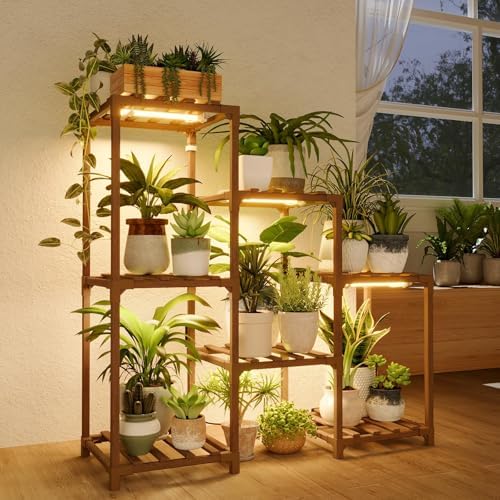 Bamworld Plant Stand with Grow Light Plant Shelf for Mutiple Pots 3 Tiers Ladder Plant Holder for Living Room Patio Boho Home Decor for Gardening Warm Light by Bamworld