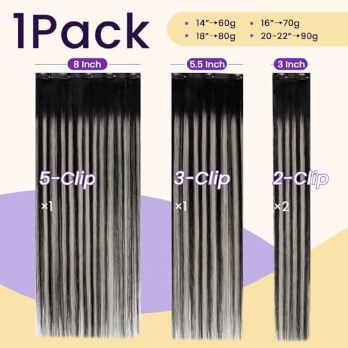 LaaVoo Seamless Clip in Hair Extensions Black Balayage Silver Seamless Hair Extensions Clip in Ombre Black to Silver Grey Balayage Human Hair Clip on Extension 20 Inch 4pcs 100g - Image 4
