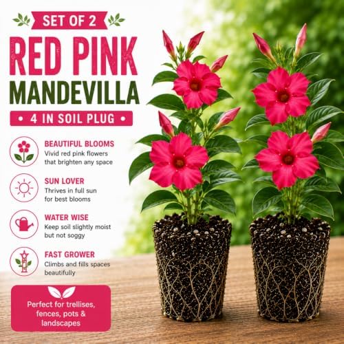 2 Red Pink Mandevilla Plant Live, Climbing Vine for Containers, 4-6" Tall - Image 2
