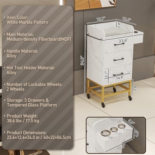 Salon Storage Trolley Cart with Glass Top, Rolling Barber Station (White) - Image 3