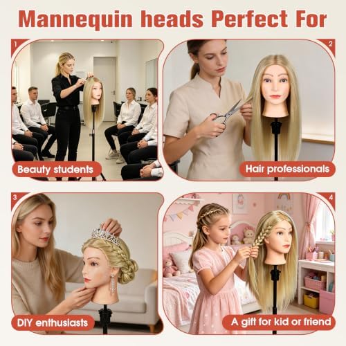 TopDirect 80% Mannequin Head Human Hair,26''Sandy Blonde Real Hair Mannequin Head,Cosmetology Manikin Head Doll Hair Styling Hairdressing Practice Training Wig Head with Clamp Holder and Tools - Image 5