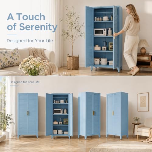 61" H Metal Storage Cabinet with Hanger Rod and 3 Shelves, Kitchen Pantry Cabinet, Tall Freestanding Utility Cupboard, Blue Steel Garage Cabinets for Tool Office Kitchen Bathroom School - Image 6