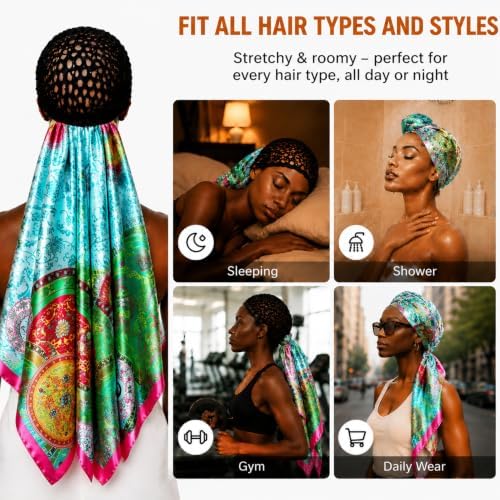 2 in 1 Wrap Cap Hair Net and Scarf for Silk Press, Satin Wrap Cap Bonnet for Women, Adjustable Stay-On Sleep Hair Net Scarf for All Hair Types (Cyan blue, One Size) - Image 5