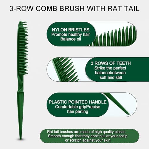 SIMPOR 3 Row Hair Comb for Natural Detangling, Hair Styling Brush, Nylon Bristle Unbraider Teasing Rat Tail Comb for Women Men Green - Image 2