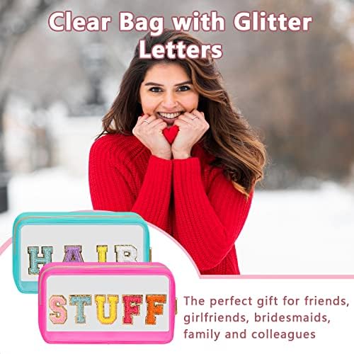 Iqimott Clear Patch Makeup Bag Stuff Pouch, Preppy Personalized Chenille Letter Cosmetic Pouch for Travel, Nylon Waterproof Travel Essentials Zipper Toiletry Bags for Women Girls(STUFF, RoseRed) - Image 5