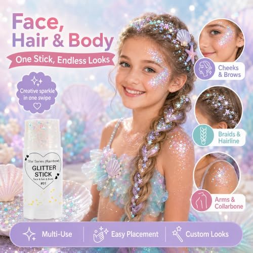 Go Ho Rainbow White Glitter Stick,Hair Face Body Shimmer for Women Kids - Image 3