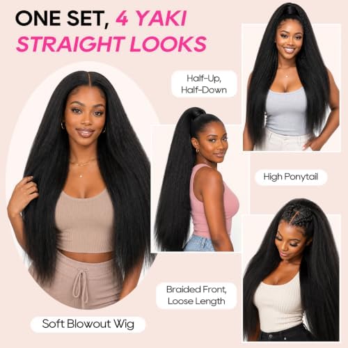 REECHO Yaki Straight Hair Bundles, 6PCS Super Protein Fiber Kinky Straight Quick Weave Bundles 20 22 24 Inch Full Head Synthetic Hair Extensions for Women - Black Brown - Image 4
