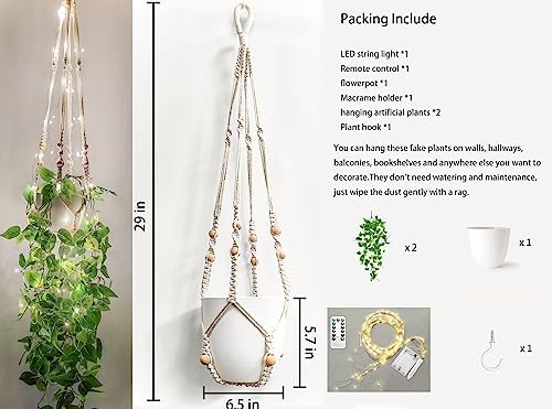 Comtelek Fake Hanging Plants with Lights Artificial Plants for Home Decor Macrame Plant Hanger with Fake Vines Faux Hanging Planter for Wall Ceiling Bedroom Bathroom Kitchen Office Boho Decor Indoor - Image 2