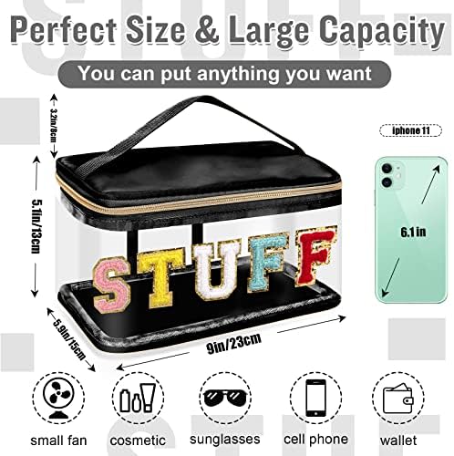 Chenille Letter Clear Makeup Bags Stuff Pouch, Preppy Patch Makeup Bag Zipper with Handle, Transparent PVC & Nylon Waterproof Glitter Cosmetic Handbag Travel Toiletry Storage for Women(STUFF-Black) - Image 2