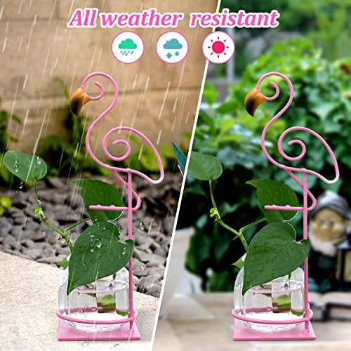 Tabletop Pink Flamingo Planter Propagation Station, Glass Vase Metal Stand - Image 5