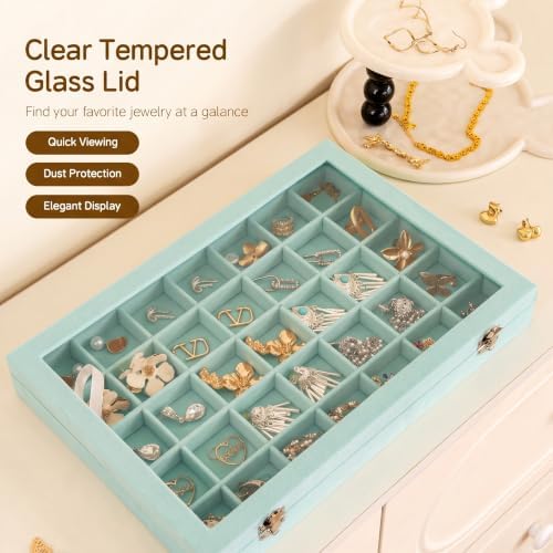 Frebeauty 35 Grid Earring Organizer,Velvet Jewelry Tray with Clear Lid - Image 6