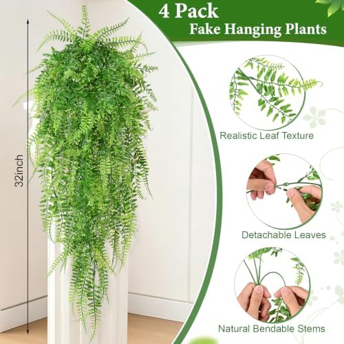 4Pcs Fake Hanging Plants, 32" Artificial Plants Boston Ferns Greenery Vines - Image 4