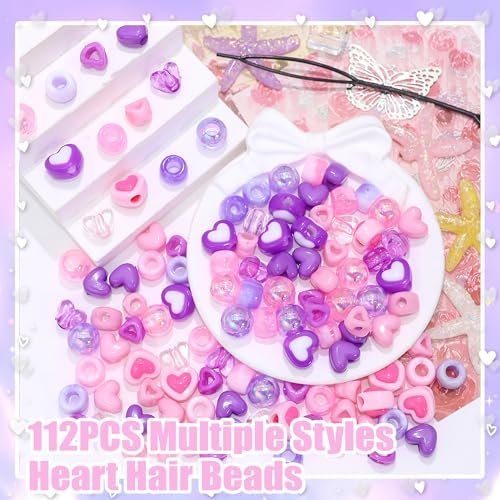 NAISKA 112PCS Pink Purple Hair Beads 12 Styles Box Beads for Hair Cute Pony Bead Heart Braids Jewelry Multi-Styles Hair Accessories for Kids Girls - Image 2